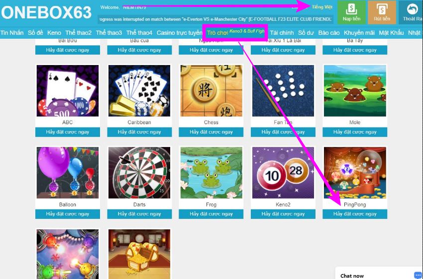 Hướng Dẫn Vào Game PingPong Onebox63