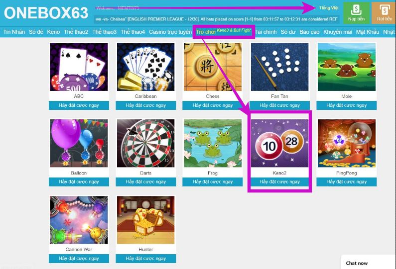 Hướng Dẫn vào Game Keno2 Tại Onebox63