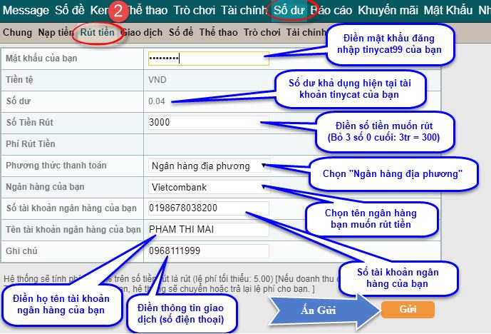 Điền thông tin vào và rút ( gửi ) 