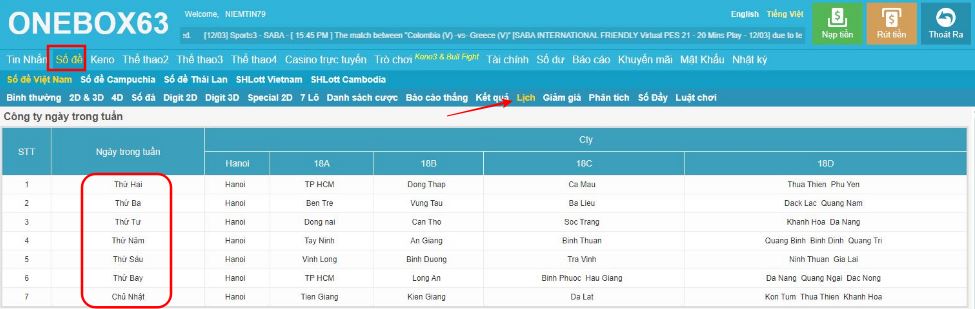 Lịch hiển thị tất cả các đài trong tuần tại Onebox63