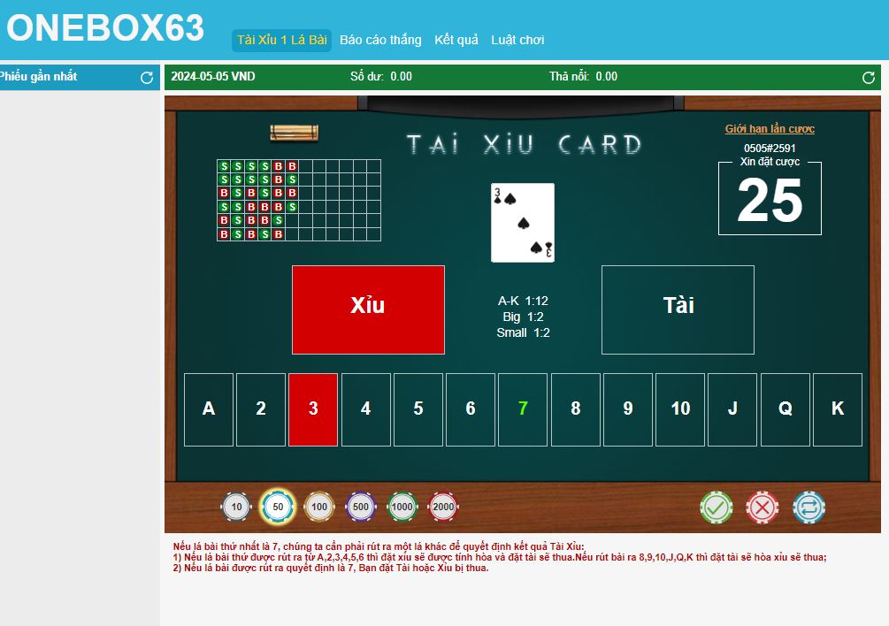 Giao Diện Game Tài Xỉu 1 Lá Bài Onebox63